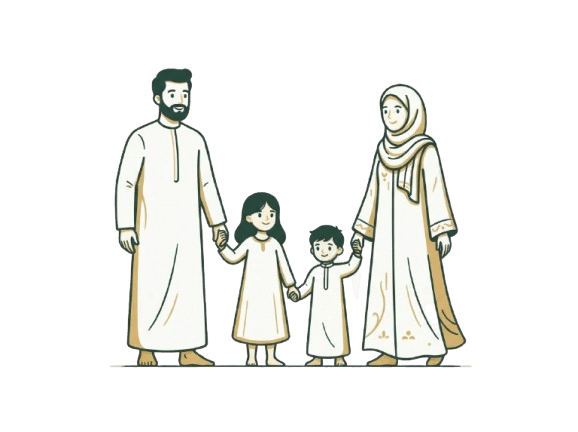 رسم لأسرة عُمانية: أب وأم وطفلان ممسكون بأيدي بعضهم